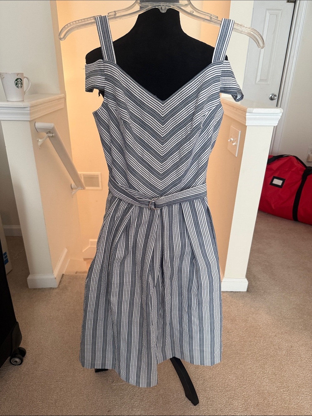 Striped Off-Shoulder Belted Dress in Blue and White